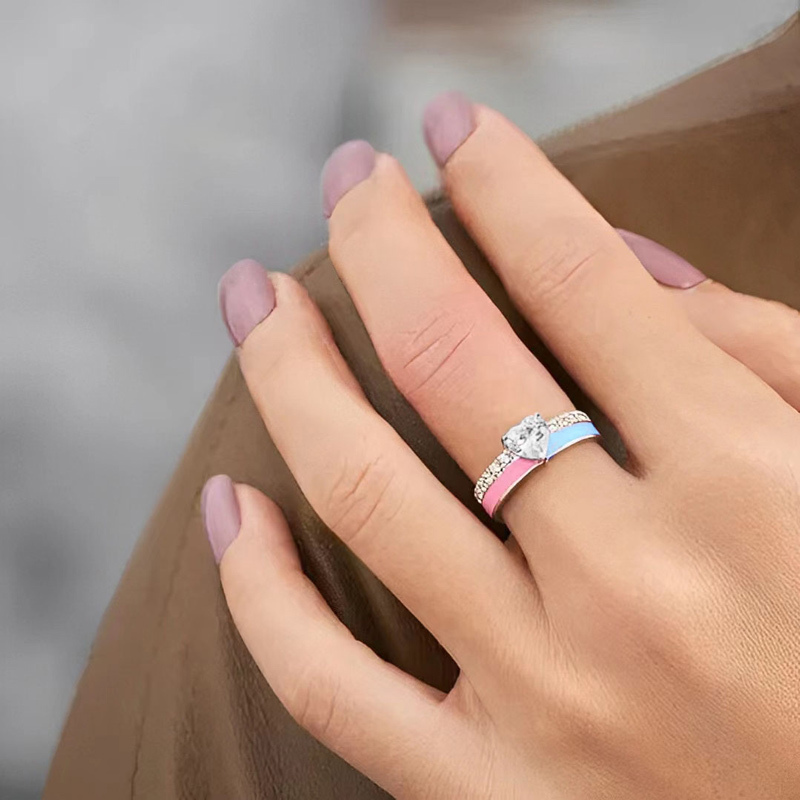 S925 Mama of an Angel Pink & Blue Enamel Heart Ring