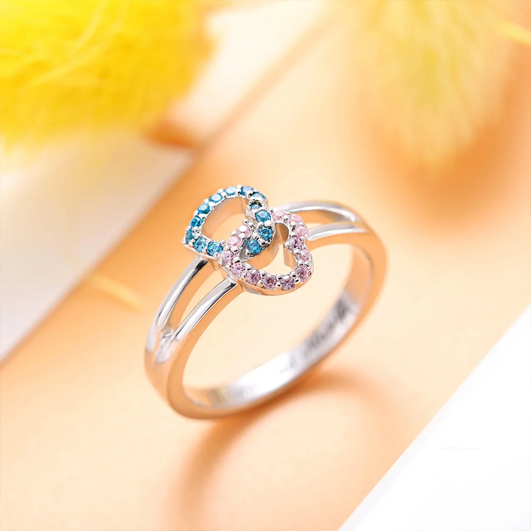 S925 Mother & Daughter Forever Linked Together Birthstone Custom Double Heart Ring