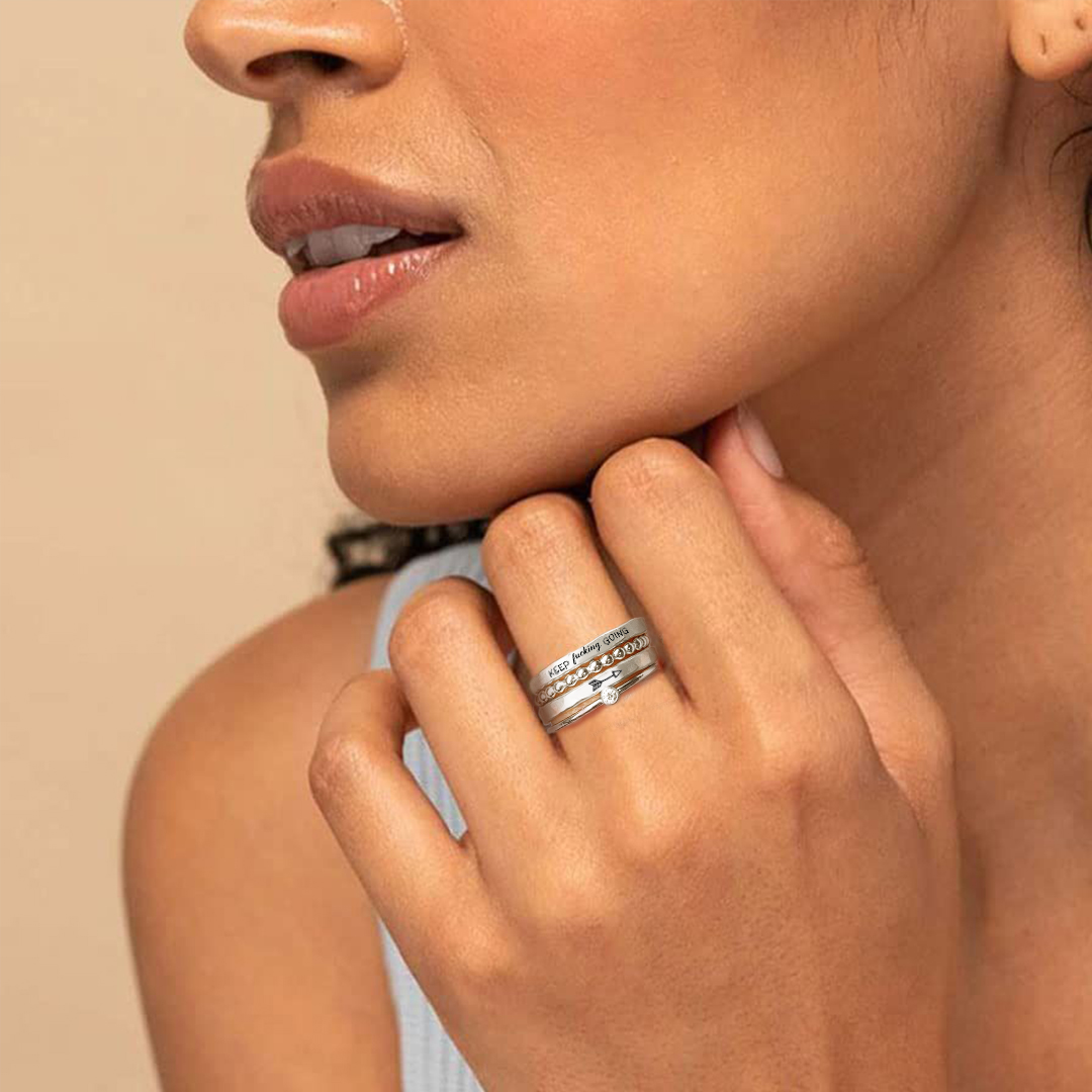 S925 Keep Fu??king Going Stacked Ring - 4 Rings Set