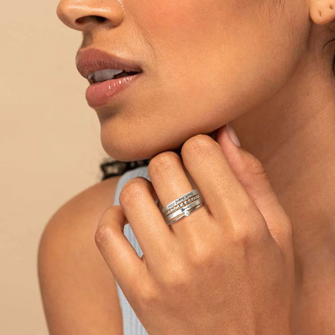 S925 Keep Fu??king Going Stacked Ring - 4 Rings Set