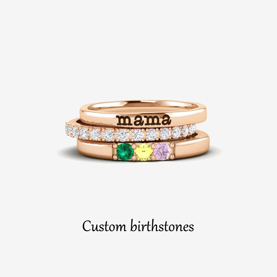 For Mother - S925 Mama And Kids' Birthstones Personalized Stackable Ring - 3 Rings Set