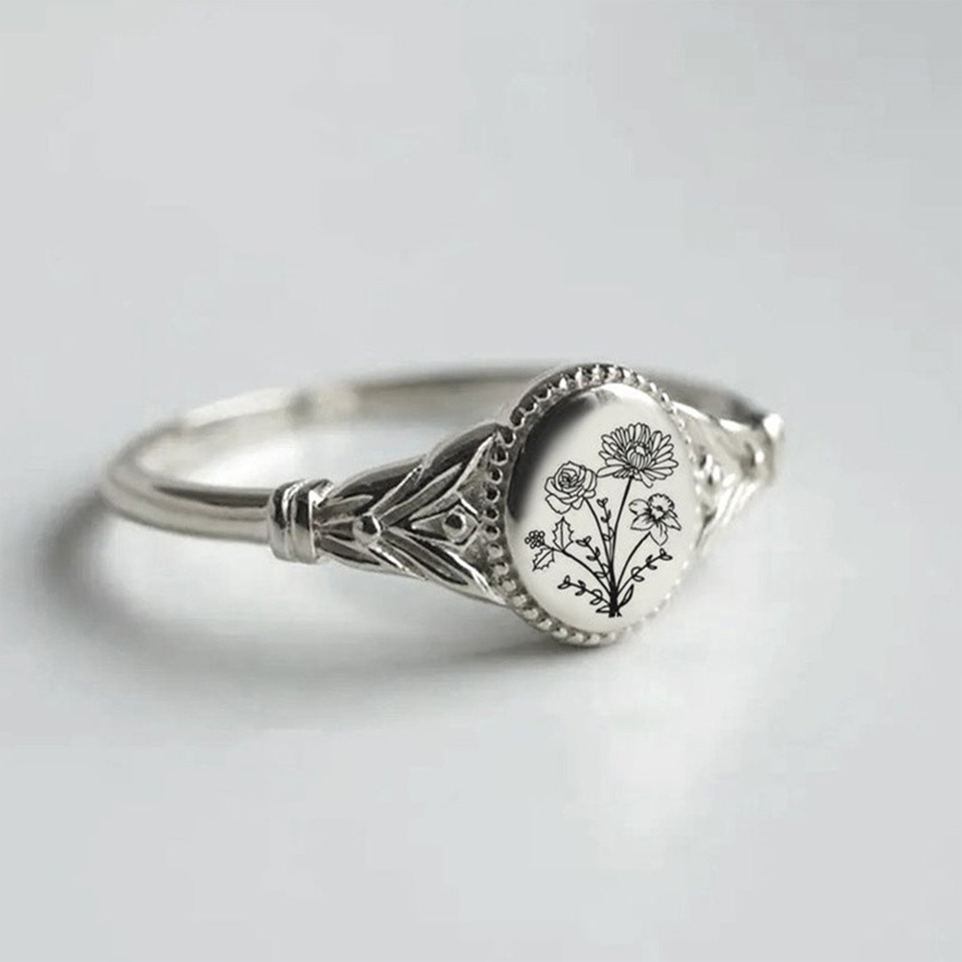 For Mother- Oval Birthday Flower Customized Ring