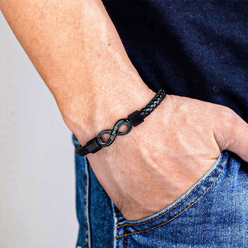 For Husband -  Personalized Special Date Infinity Leather Bracelet
