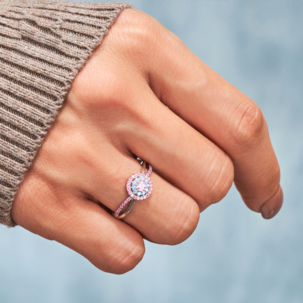For Self - S925 Pink Blue Round Diamond Ring
