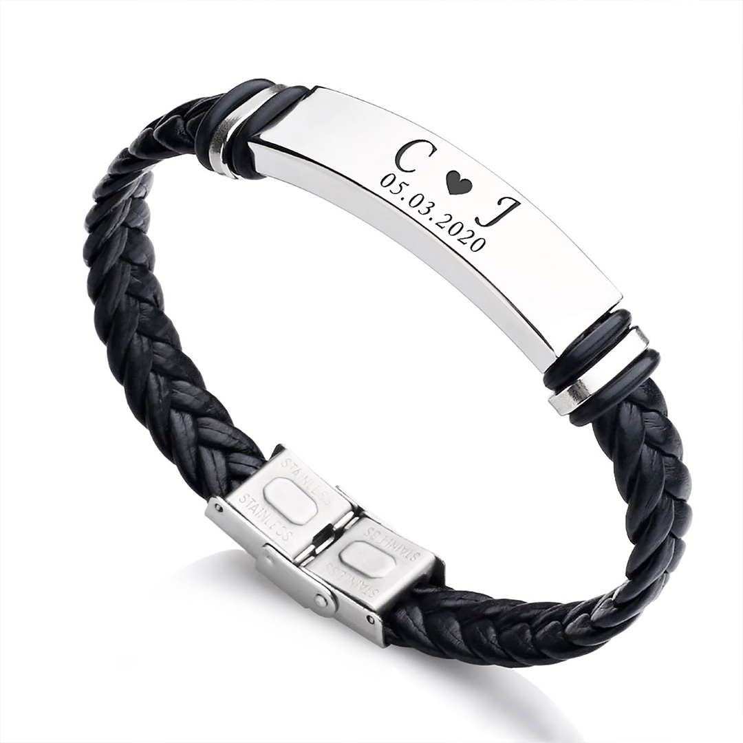 For Husband -  I Love You Until Infinity Runs Out Custom Initials And Date Horizontal Striped Leather Bracelet