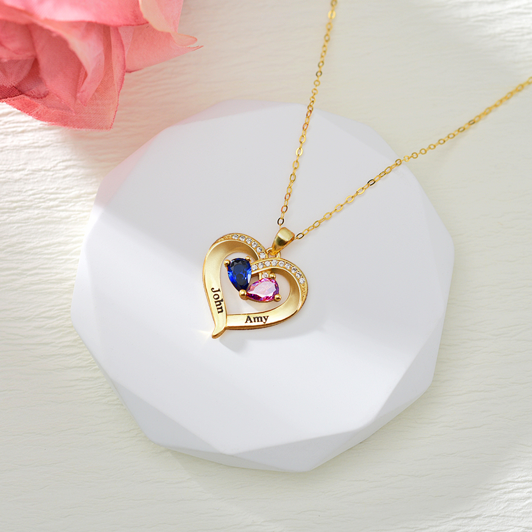 For Wife - I Love You Forever & Always Customized Double Birthstones & Names Necklace
