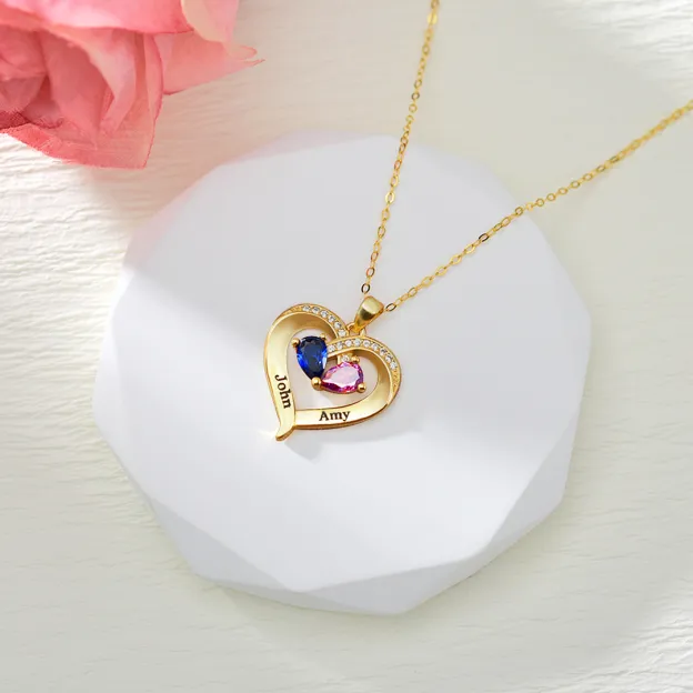 For Wife - I Love You Forever & Always Customized Double Birthstones & Names Necklace