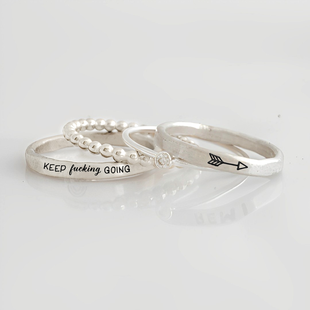 S925 Keep Fu??king Going Stacked Ring - 4 Rings Set