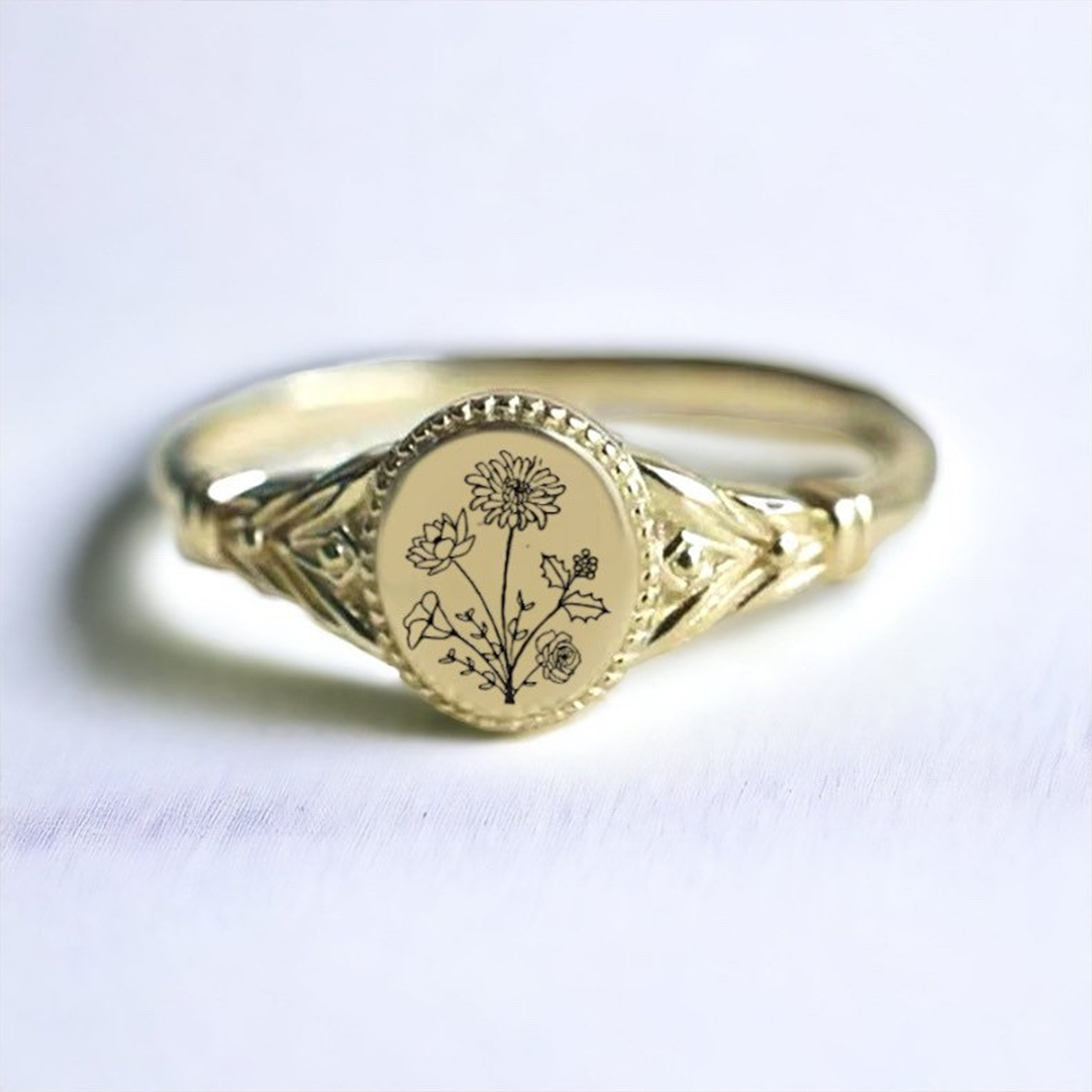 For Mother- Oval Birthday Flower Customized Ring