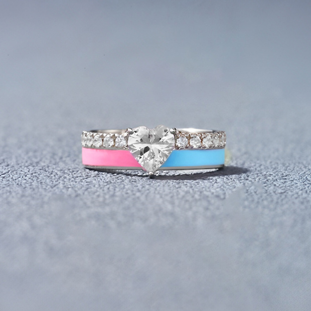 For Self - S925 Love Yourself Unconditionally Pink & Blue Drip Glaze Heart Ring