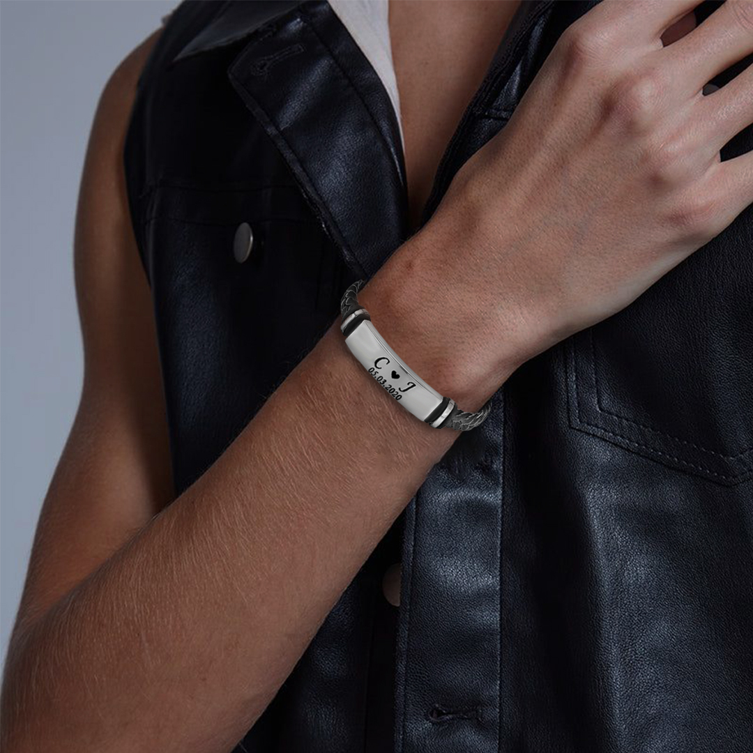 For Husband -  I Love You Until Infinity Runs Out Custom Initials And Date Horizontal Striped Leather Bracelet