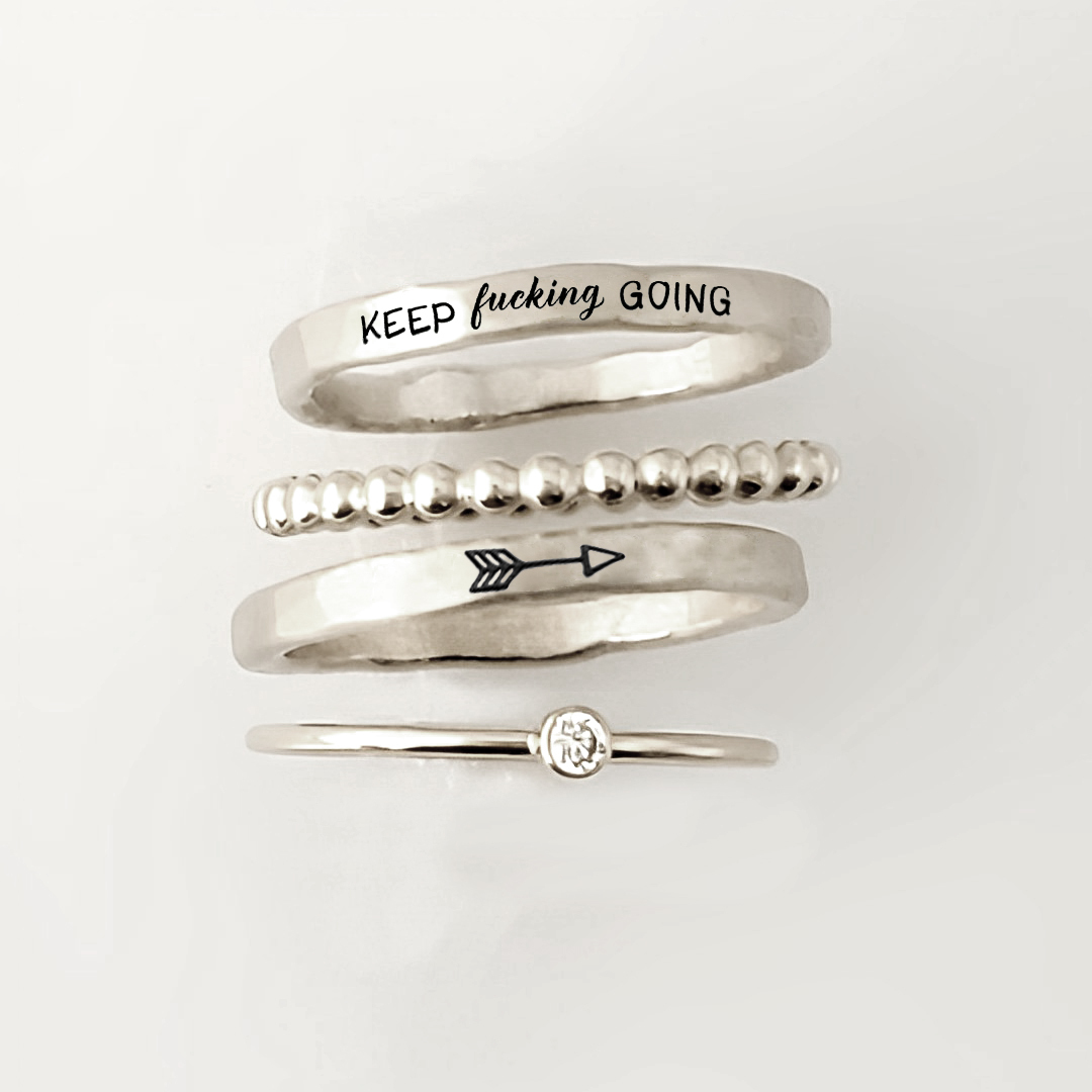 S925 Keep Fu??king Going Stacked Ring - 4 Rings Set