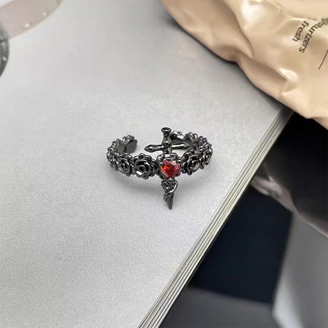 I’m Strong as Fuck-Black Rose Heart Sword Open Ring