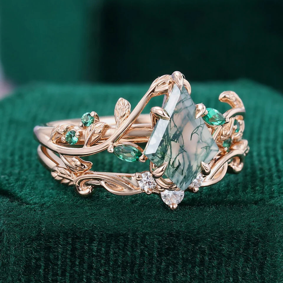 Kite Cut Moss Agate Bridal Ring Set Nature Inspired Leaf Ring Set