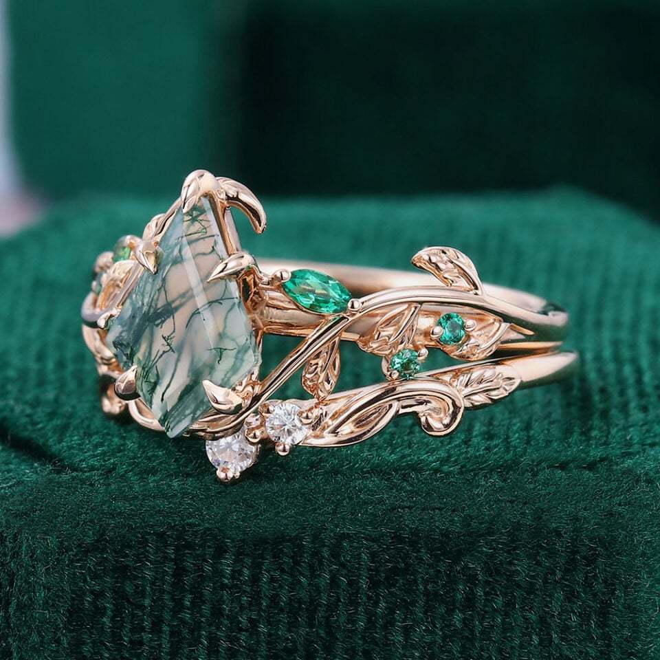 Kite Cut Moss Agate Bridal Ring Set Nature Inspired Leaf Ring Set