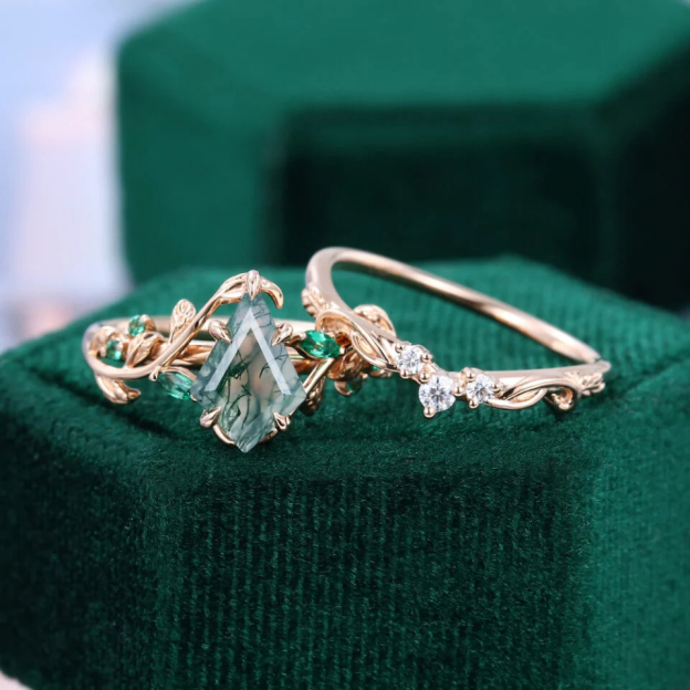 Kite Cut Moss Agate Bridal Ring Set Nature Inspired Leaf Ring Set