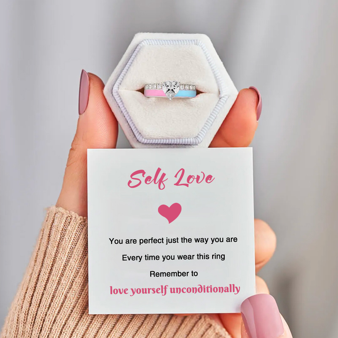 For Self - S925 Love Yourself Unconditionally Pink & Blue Enamel Heart Ring