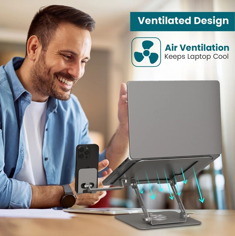  2-in-1 Metal Laptop Stand with PhoneHolder & 360° Rotating Base