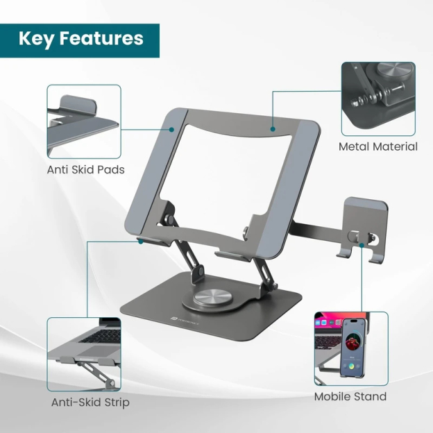  2-in-1 Metal Laptop Stand with PhoneHolder & 360° Rotating Base