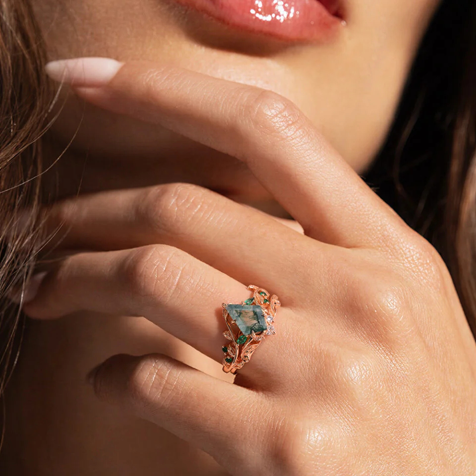 Kite Cut Moss Agate Bridal Ring Set Nature Inspired Leaf Ring Set