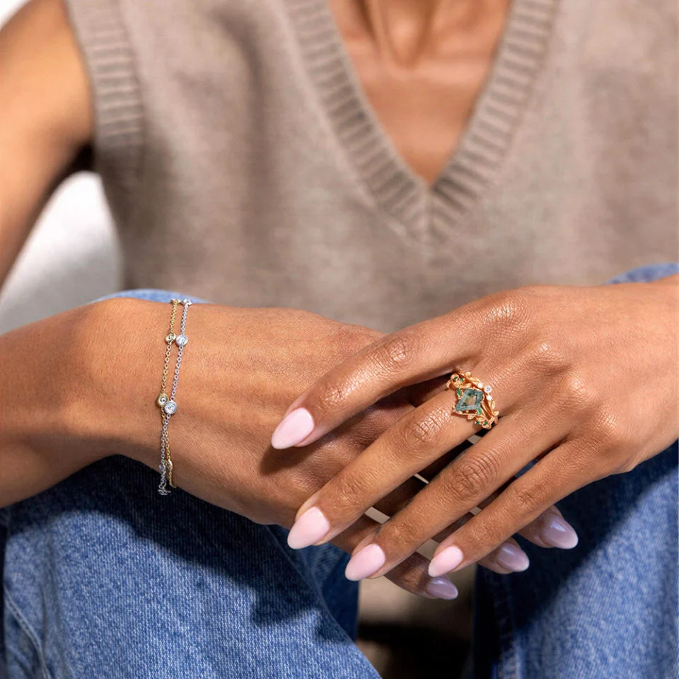 Kite Cut Moss Agate Bridal Ring Set Nature Inspired Leaf Ring Set