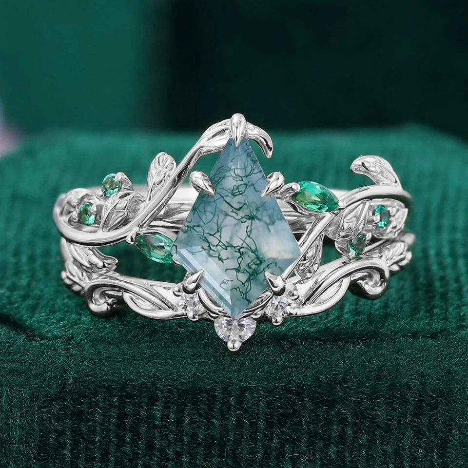Kite Cut Moss Agate Bridal Ring Set Nature Inspired Leaf Ring Set