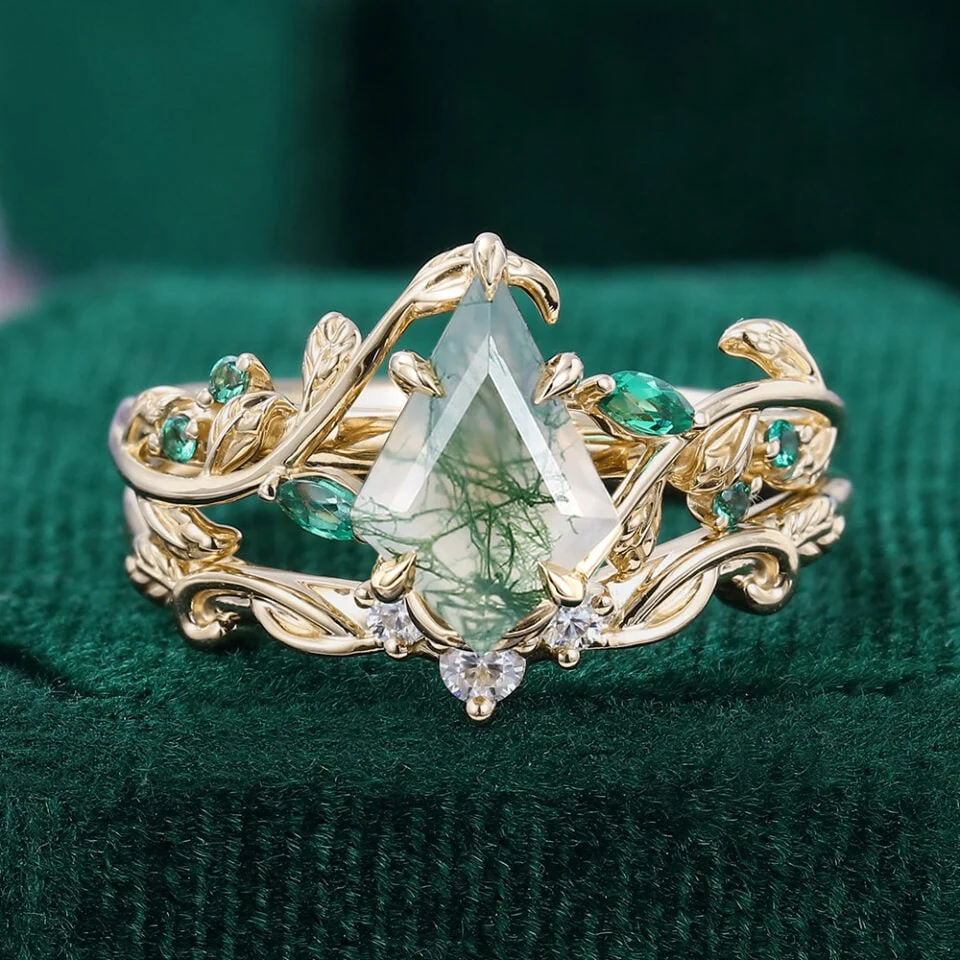 Kite Cut Moss Agate Bridal Ring Set Nature Inspired Leaf Ring Set