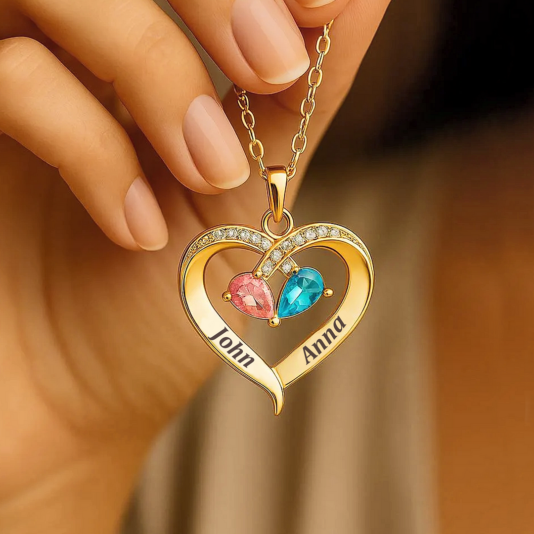 For Wife - I Love You Forever & Always Customized Double Birthstones & Names Necklace