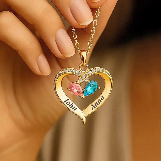 For Wife - I Love You Forever & Always Customized Double Birthstones & Names Necklace