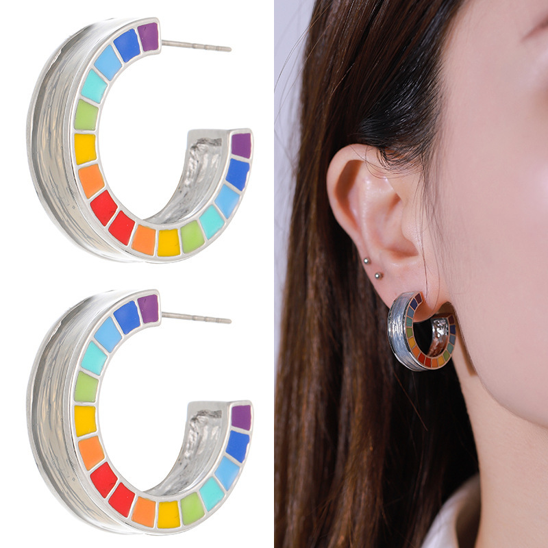 Bold Enamel Rainbow Circle Earrings