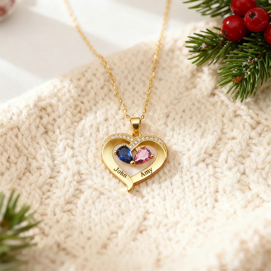 For Wife - I Love You Forever & Always Customized Double Birthstones & Names Necklace