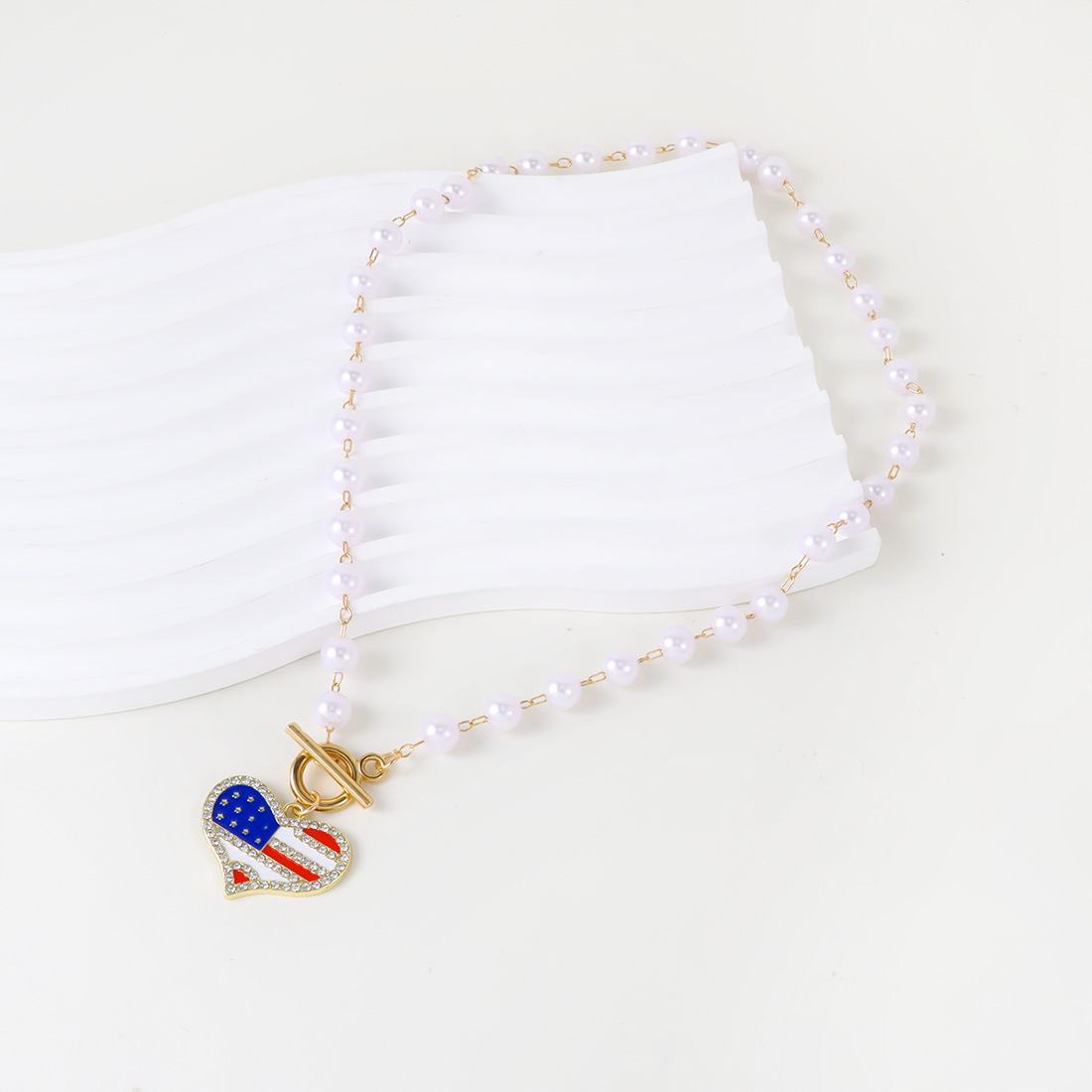 US Flag Heart Pearl Necklace