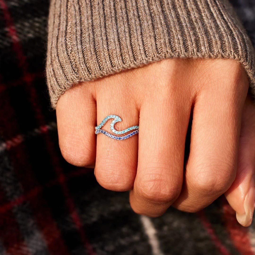 Double Blue Wave Ring-I Will Fall I Will Rise