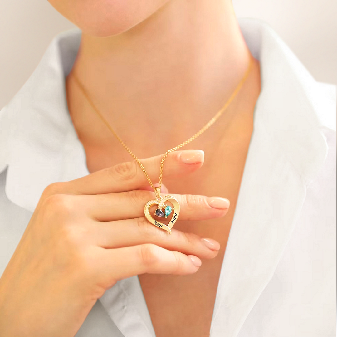 For Wife - I Love You Forever & Always Customized Double Birthstones & Names Necklace