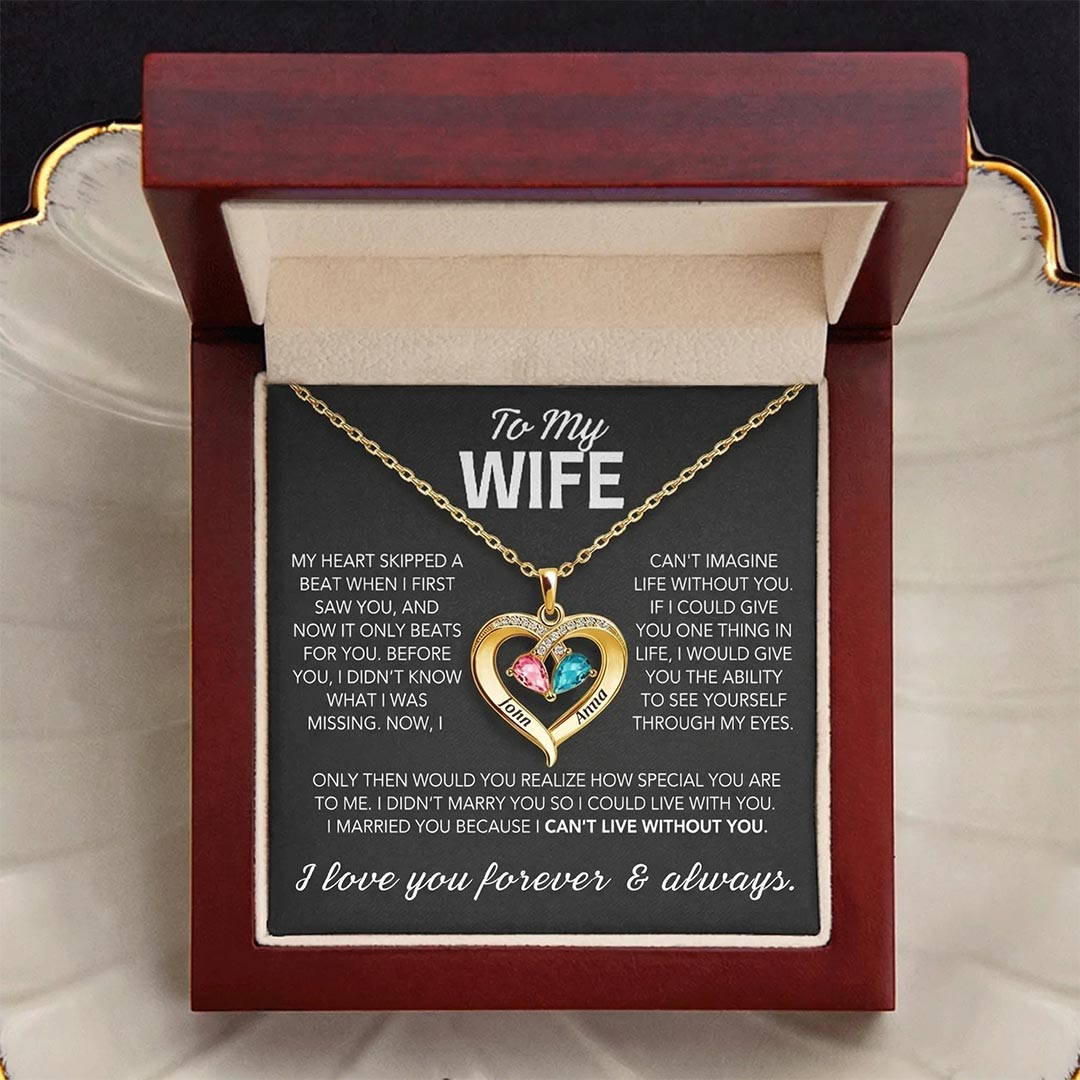 For Wife - My Heart Only Beats For You Customized Double Birthstones & Names Necklace