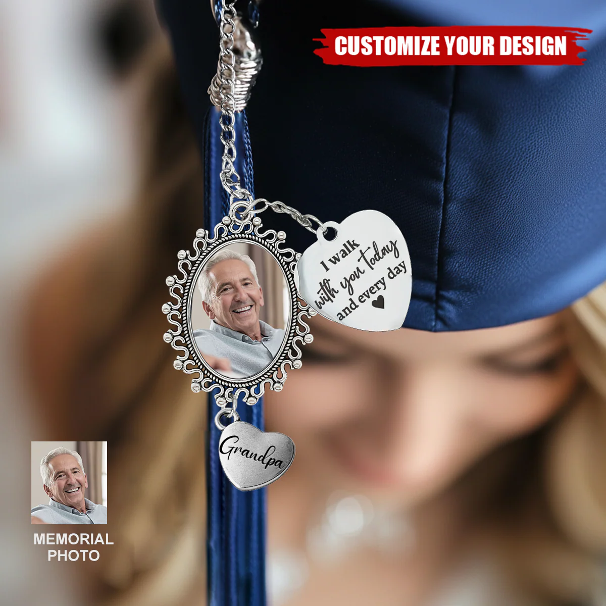 Custom Graduation Memorial Photo Tassel Charm: "I Walk With You" Keepsake