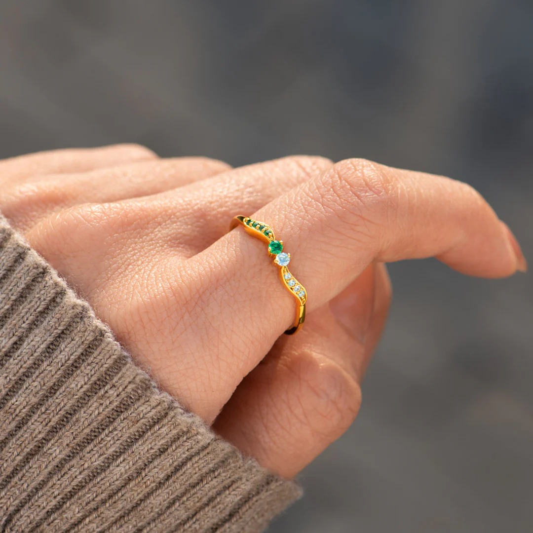 For Love - High Tide Or Low Tide Personalized Double Stone Wavy Ring