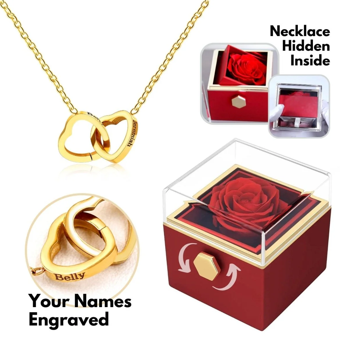 Double Heart Custom Name Necklace with Rotataing Rose Gift Box