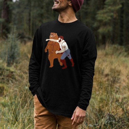 Man Punching Bear Printed Long Sleeves Men's T-shirt