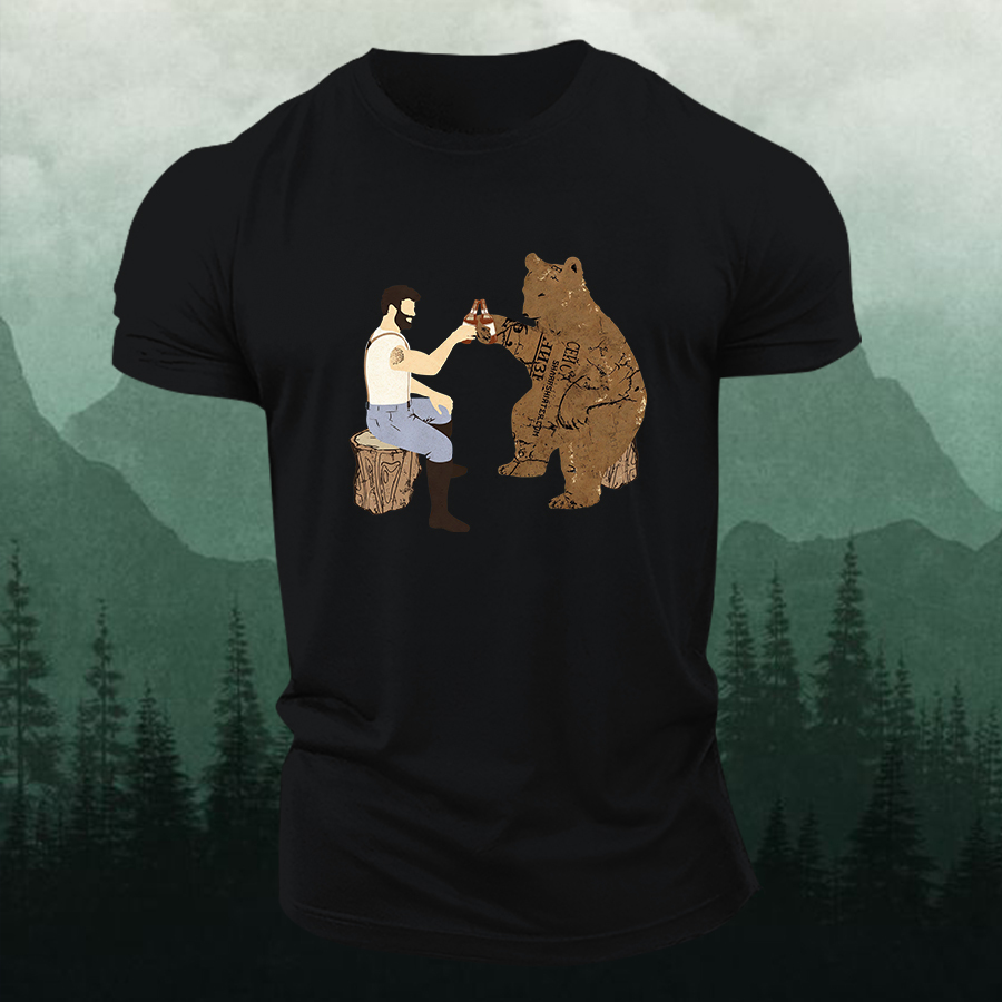 Cheers Funny Bear Printed Men's T-shirt-Forestso
