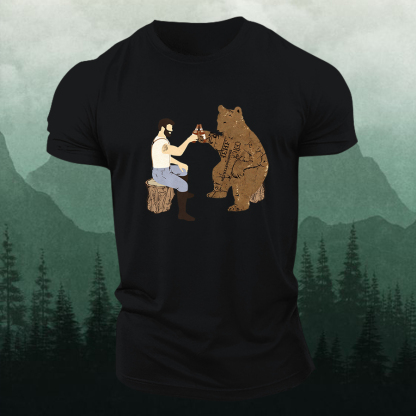 Cheers Funny Bear Printed Men's T-shirt-Forestso