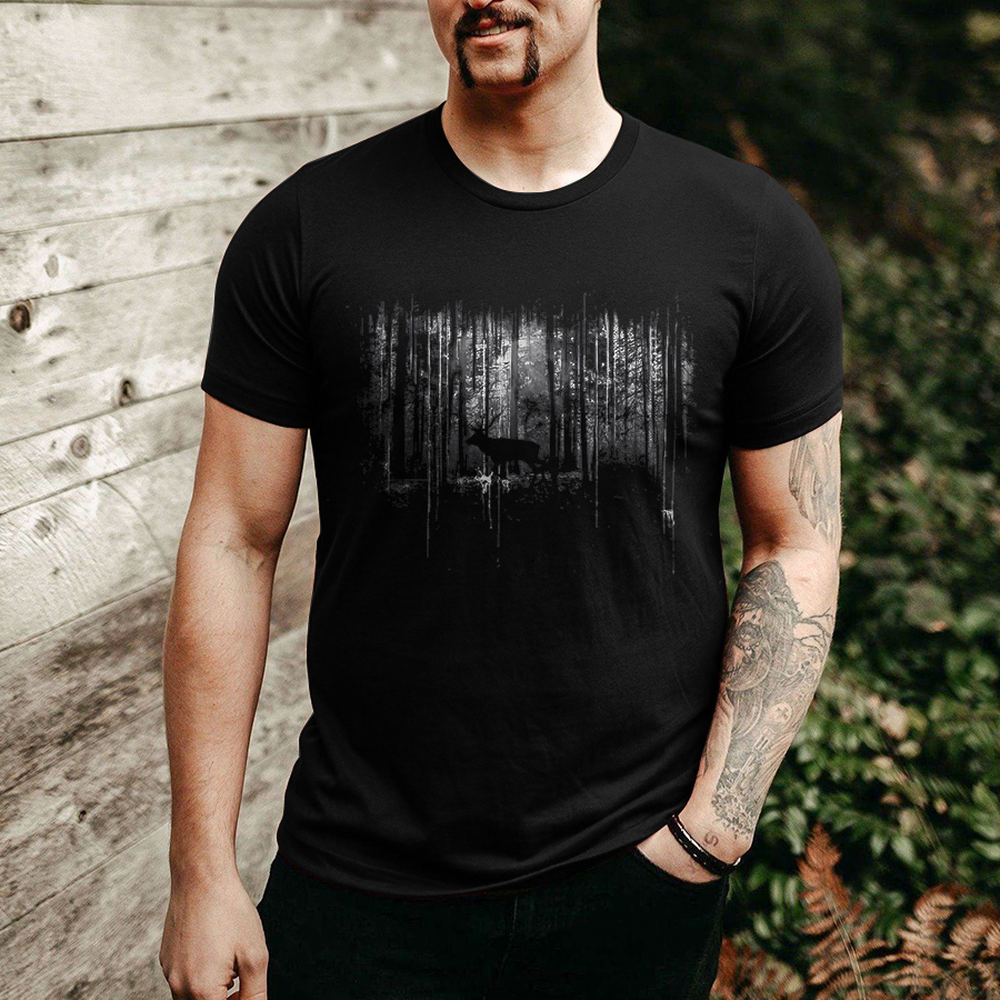 Deer In Dark Forest Printed Men's T-shirt
