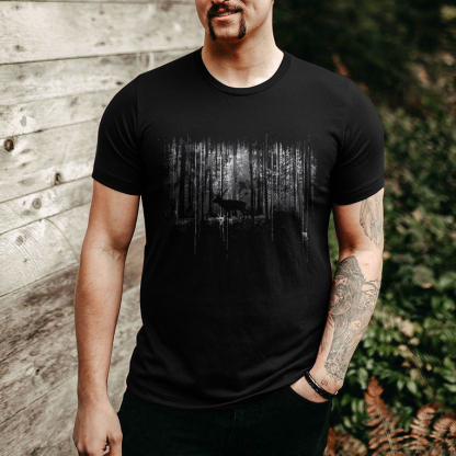 Deer In Dark Forest Printed Men's T-shirt