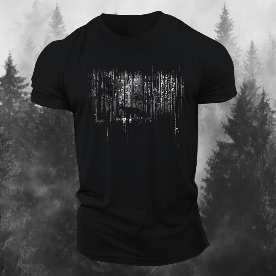 Deer In Dark Forest Printed Men's T-shirt