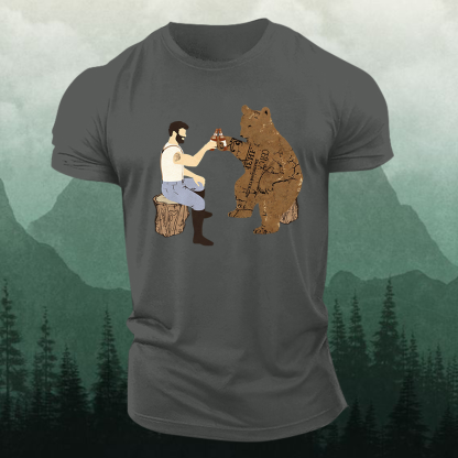 Cheers Funny Bear Printed Men's T-shirt-Forestso