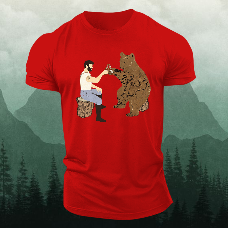 Cheers Funny Bear Printed Men's T-shirt-Forestso
