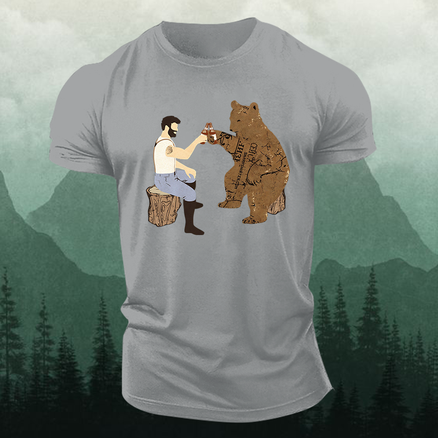 Cheers Funny Bear Printed Men's T-shirt-Forestso