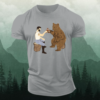 Cheers Funny Bear Printed Men's T-shirt-Forestso