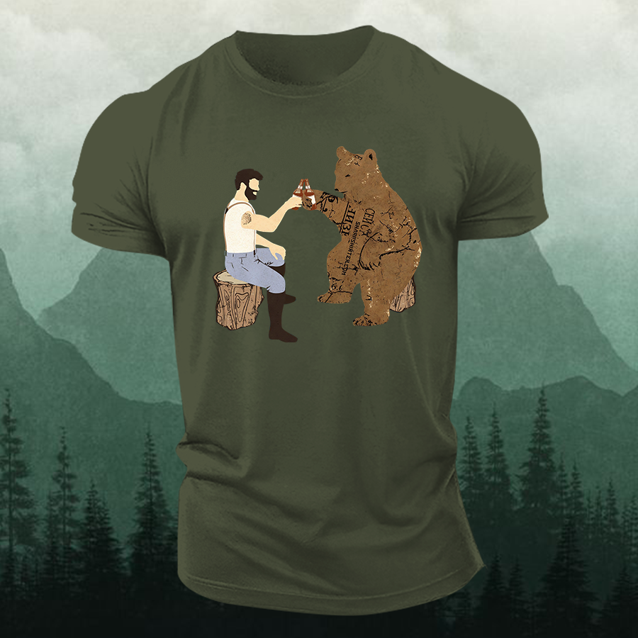 Cheers Funny Bear Printed Men's T-shirt-Forestso