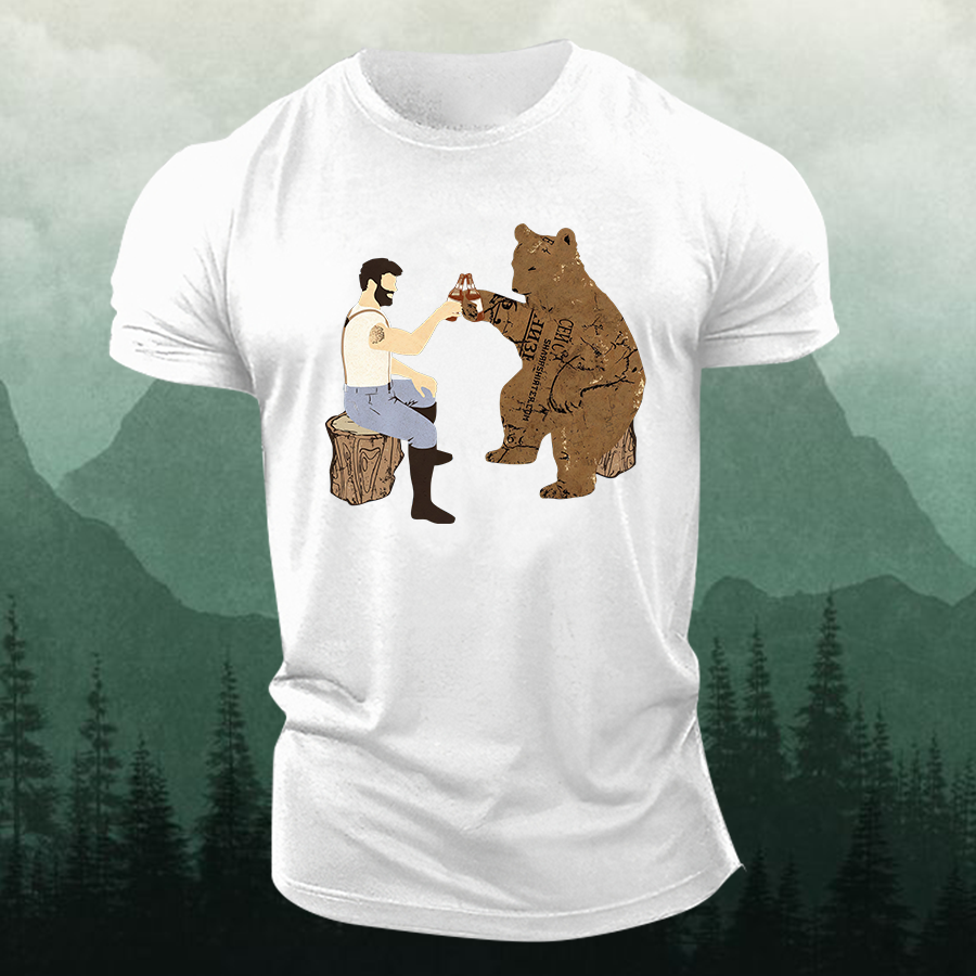 Cheers Funny Bear Printed Men's T-shirt-Forestso